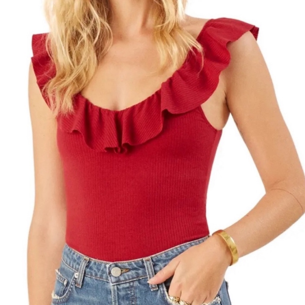 Reformation Red Ruffle Tank Top Off the Shoulder optional Size Small